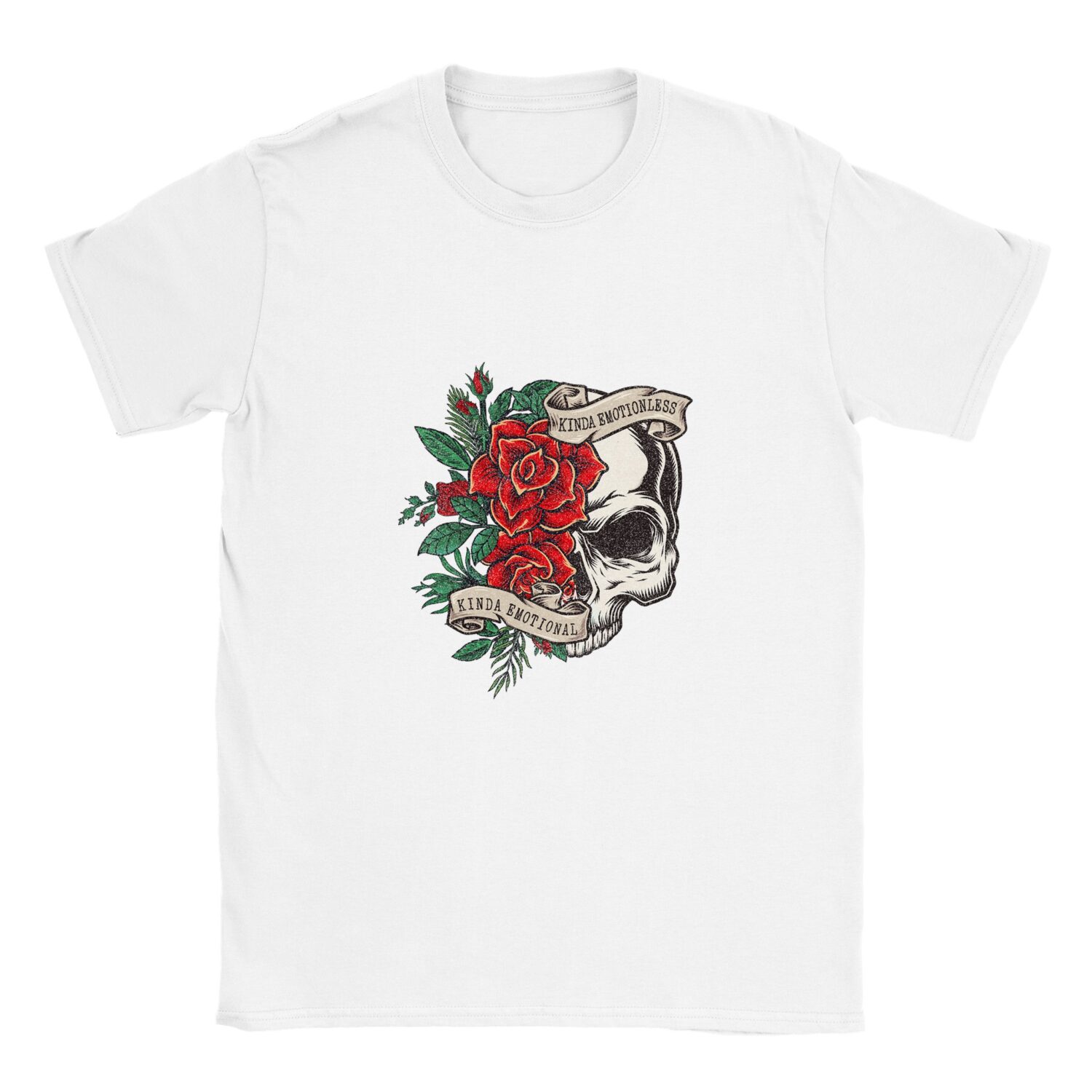Camiseta con calavera y rosas "Kinda emotionless Kinda emotional" color blanco